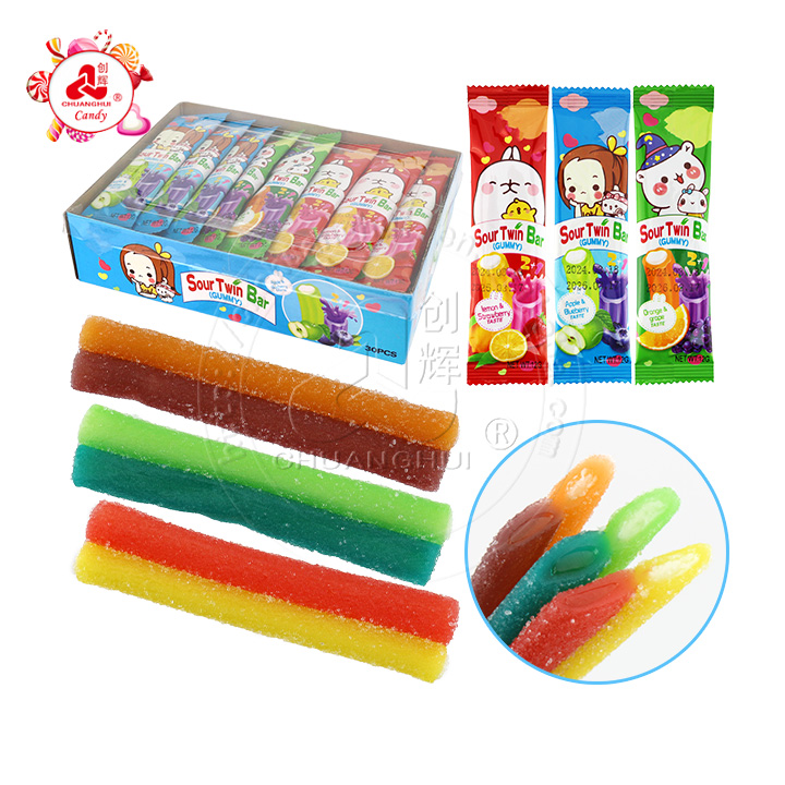 2024 New 2-in-1 gummy stick Sour Twins gummy candy strips with sour powder + jam filled CH-J570