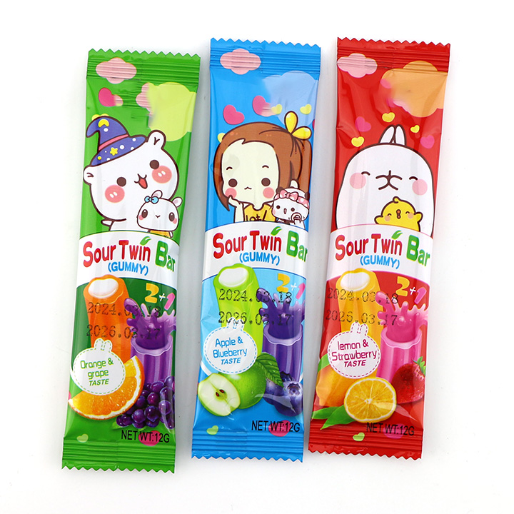 2024 New 2-in-1 gummy stick Sour Twins gummy candy strips with sour powder + jam filled CH-J570