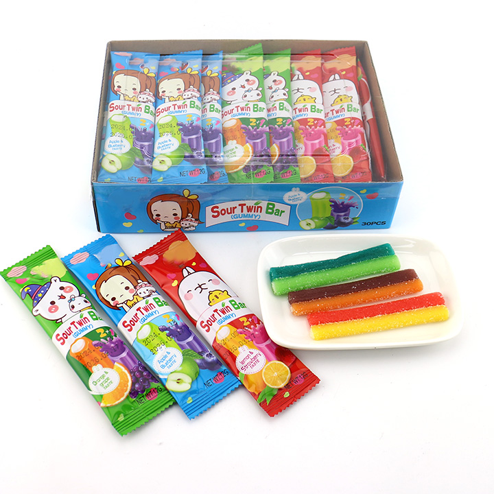 2024 New 2-in-1 gummy stick Sour Twins gummy candy strips with sour powder + jam filled CH-J570