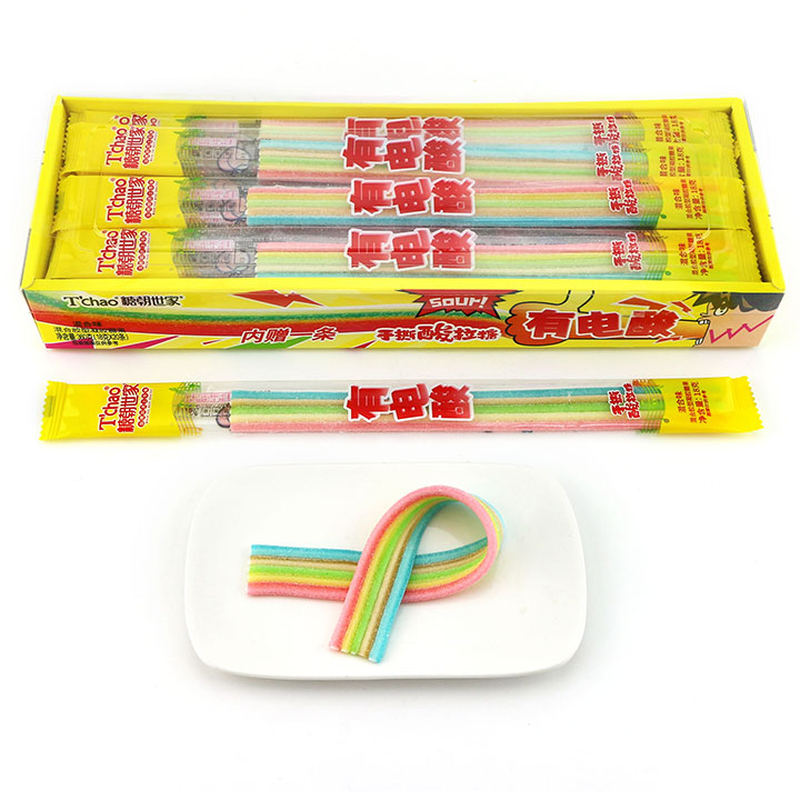2024 new Sour powder filled Rainbow Gummy strip soft candy CH-J582