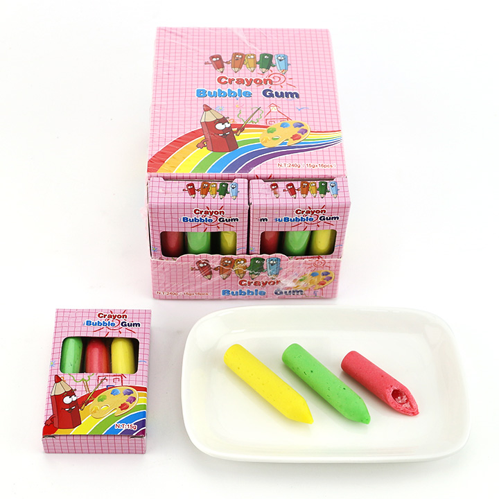 Colorful Crayon shaped bubble gum stick with sour powder filled CH-E327