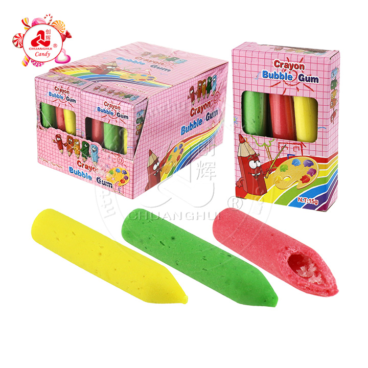 Colorful Crayon shaped bubble gum stick with sour powder filled CH-E327