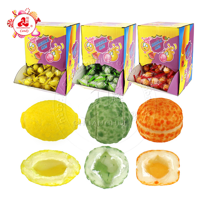 4g olive, lemon, orange shaped fruit flavored bubble gum with jam filling CH-E328