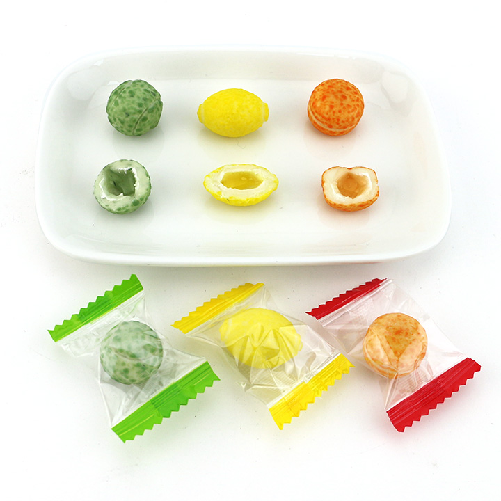 4g olive, lemon, orange shaped fruit flavored bubble gum with jam filling CH-E328