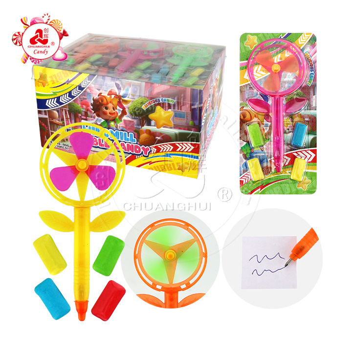 Colorful plastic flower shaped windmill pen toy candy with mini chewing gum CH-T1289