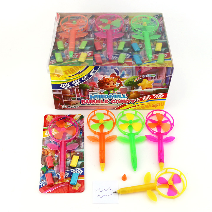 Colorful plastic flower shaped windmill pen toy candy with mini chewing gum CH-T1289