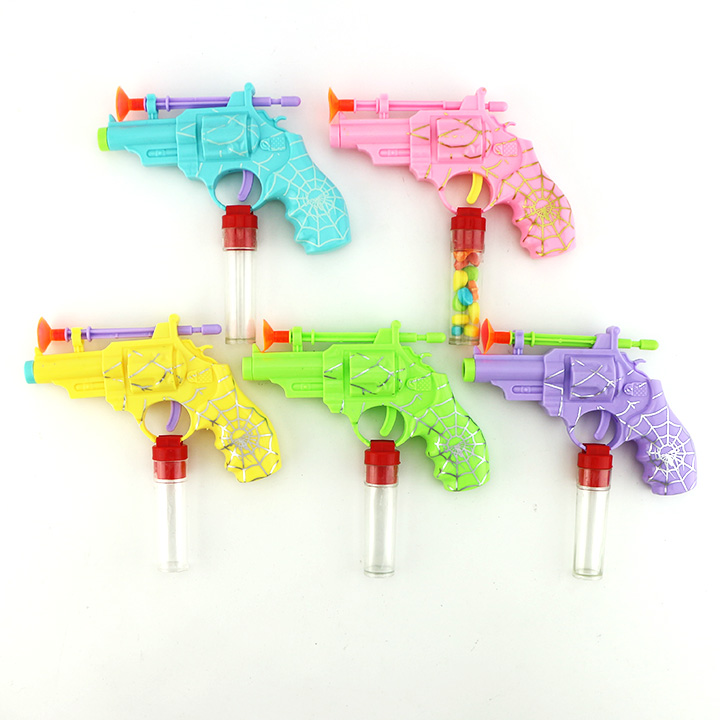 Colorful plastic spider revolver gun shaped suction cup bullet toy candy CH-T1290