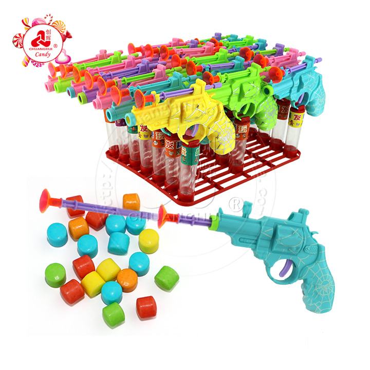 Colorful plastic spider revolver gun shaped suction cup bullet toy candy CH-T1290
