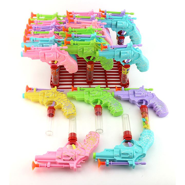 Colorful plastic spider revolver gun shaped suction cup bullet toy candy CH-T1290