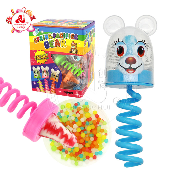 Cartoon bear head shaped finger spring nipple lollipop toy candy with mini colorful pearl candy CH-T1291