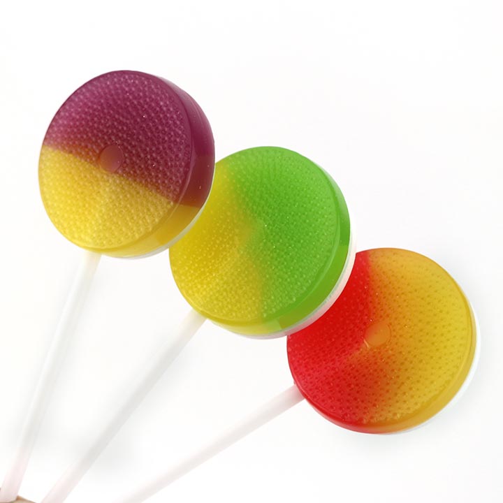 2-in-1 two colors fruit round flat lollipop with sugar free sour pressed candy CH-BP103-2
