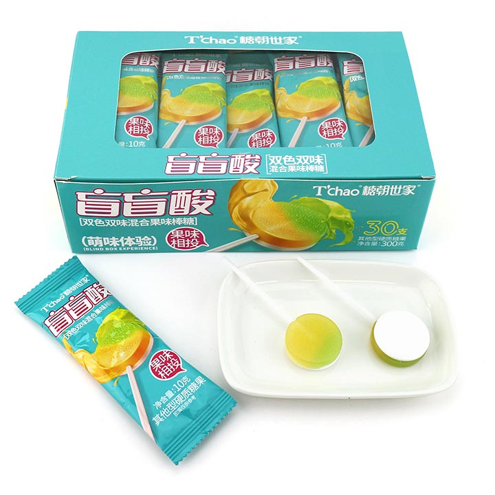 2-in-1 two colors fruit round flat lollipop with sugar free sour pressed candy CH-BP103-2