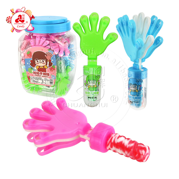 Mini plastic hand clap toy candy with nipple hard lollipop CH-T1282