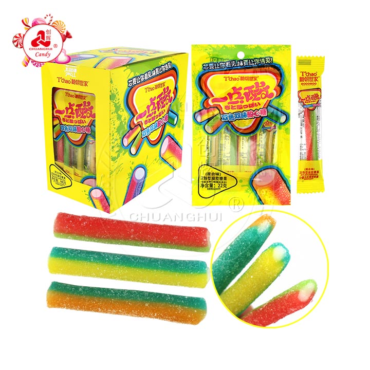 Halal two-color licorice straw soft gummy candy stick with sour powder filled CH-J586