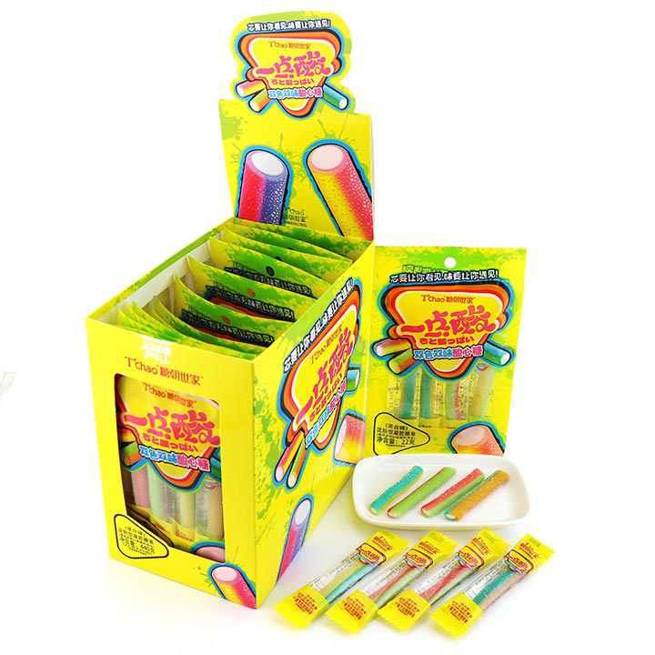 Halal two-color licorice straw soft gummy candy stick with sour powder filled CH-J586