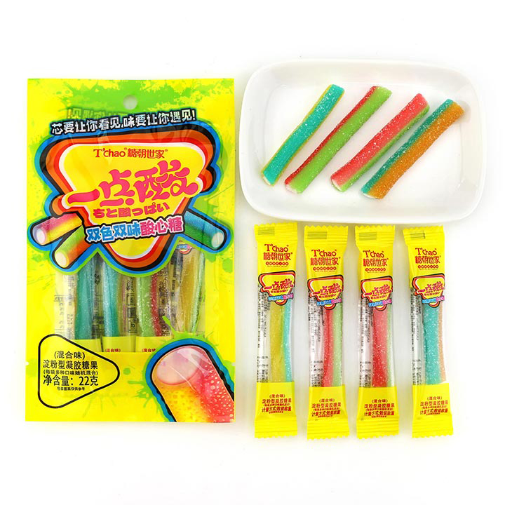 Halal two-color licorice straw soft gummy candy stick with sour powder filled CH-J586
