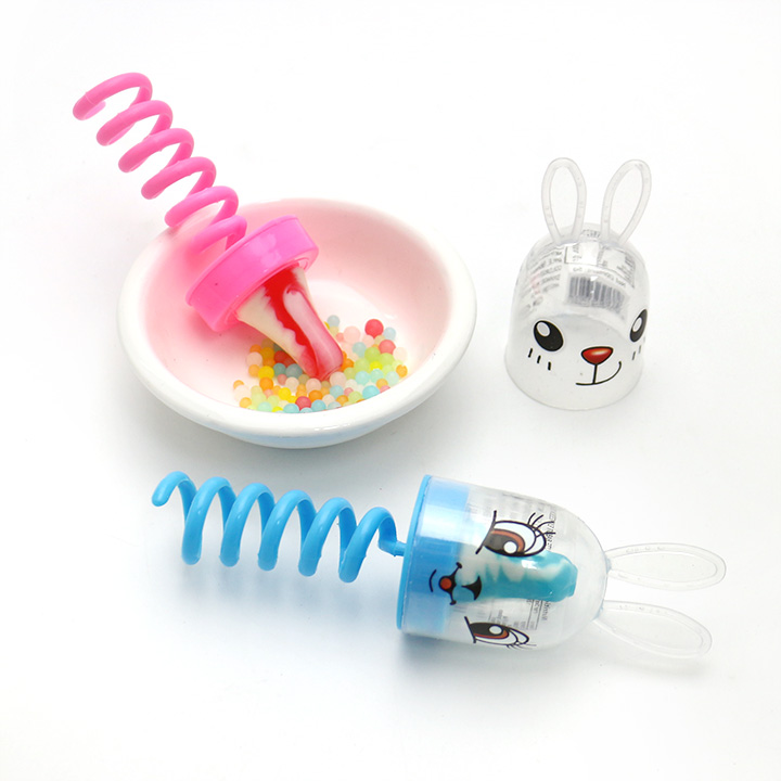 Cartoon rabbit head shaped finger spring nipple pop lollipop toy candy with mini pearl candy CH-T1292