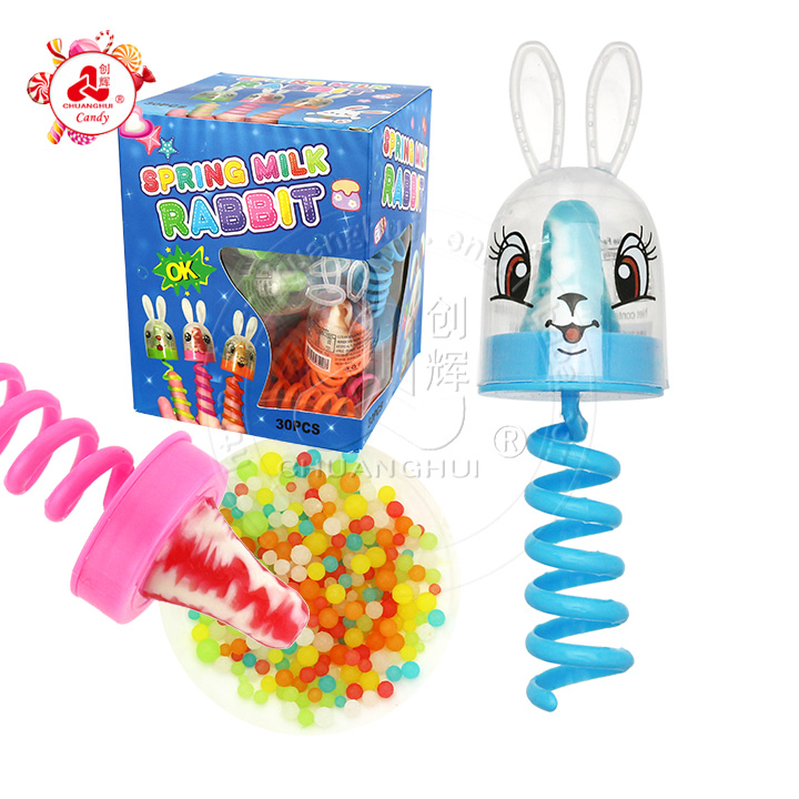 Cartoon rabbit head shaped finger spring nipple pop lollipop toy candy with mini pearl candy CH-T1292