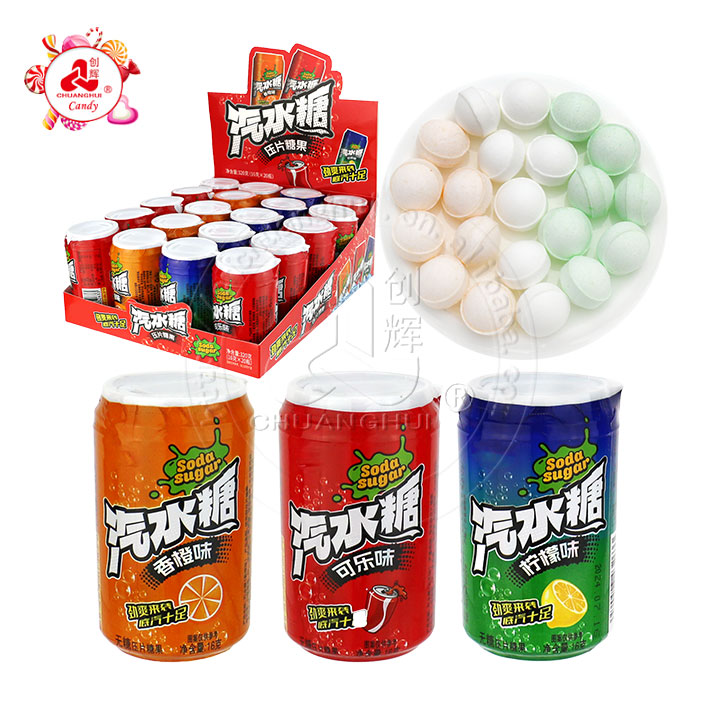 HALAL sugar-free cola, lemon, orange flavored pressed tablet candy in soda can CH-N696