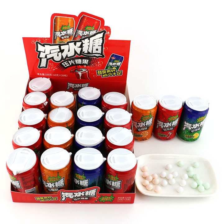 HALAL sugar-free cola, lemon, orange flavored pressed tablet candy in soda can CH-N696