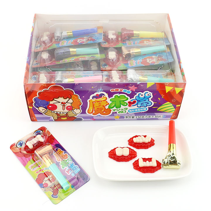 Funny Blowing tongue whistle toy and buck teeth mouth soft gummy candy CH-T1303