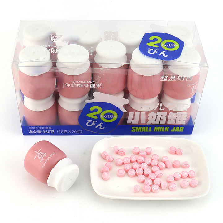 Cute bottled candy strawberry flavored pressed tablet candy in milk tank CH-N699