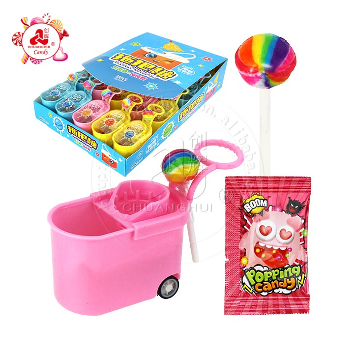 Cartoon Mop bucket pull-back car toy candy with lollipop and popping candy CH-T1308