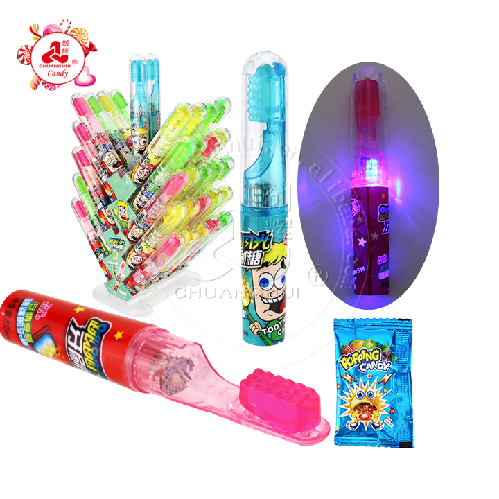 Halal Toothbrush shaped lighting lolipop toy with popping candy CH-TB226