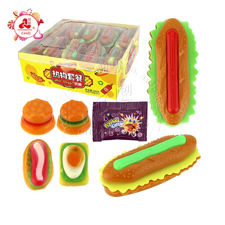 Hot dog box gummy candy 3D fast food shaped rubber candy with popping candy CH-J592