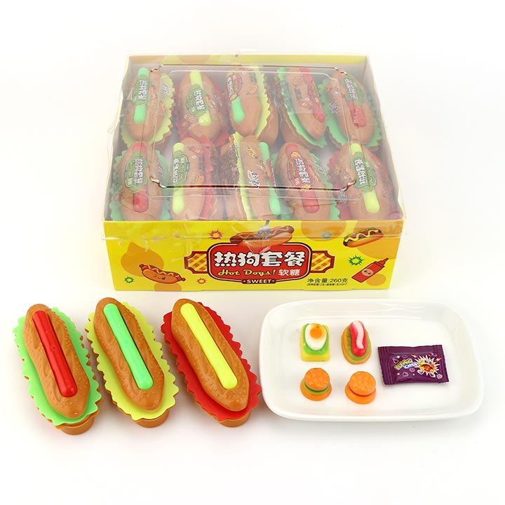 Hot dog box gummy candy 3D fast food shaped rubber candy with popping candy CH-J592
