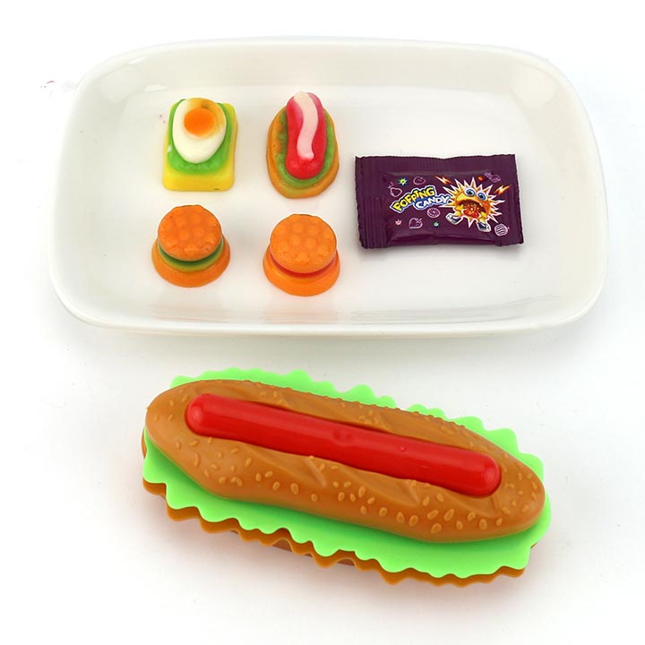 Hot dog box gummy candy 3D fast food shaped rubber candy with popping candy CH-J592