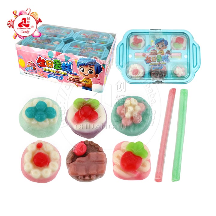 Mini cup birthday cake shaped soft gummy candy with CC stick straw candy CH-J601
