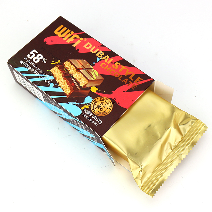 Dubai style choco 58% kataifi chocolate with crispy knafeh noodle crushed hazelnut filled CH-BC137-1