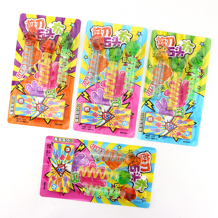 Guessing game scissors-stone-cloth finger shaped gummy spring toy candy with popping candy CH-J616