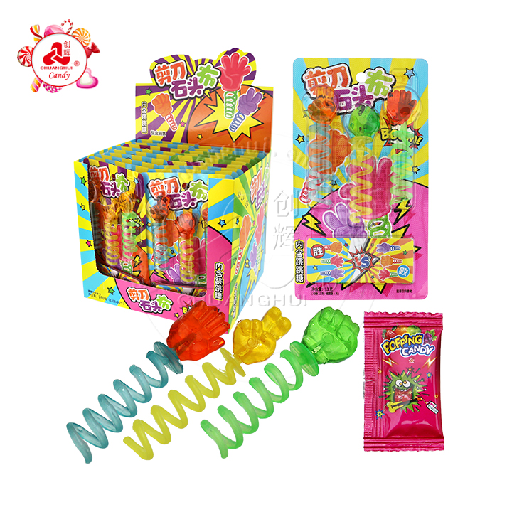 Guessing game scissors-stone-cloth finger shaped gummy spring toy candy with popping candy CH-J616
