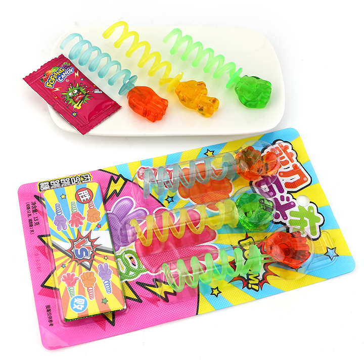 Guessing game scissors-stone-cloth finger shaped gummy spring toy candy with popping candy CH-J616