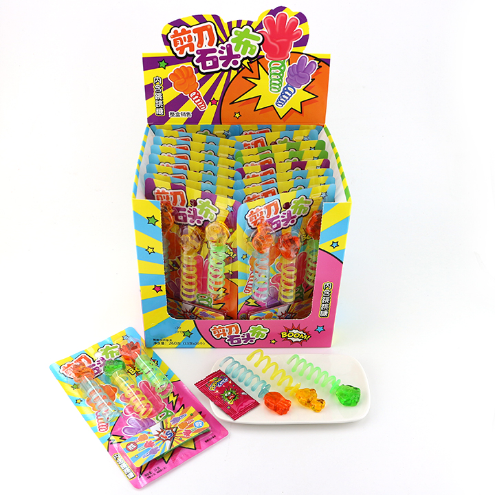 Guessing game scissors-stone-cloth finger shaped gummy spring toy candy with popping candy CH-J616