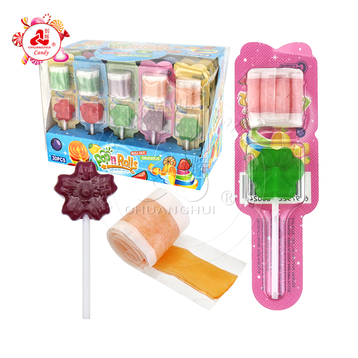 Halal mini lollipop pop with rolls mix fruit flavor gummy roll candy CH-J617