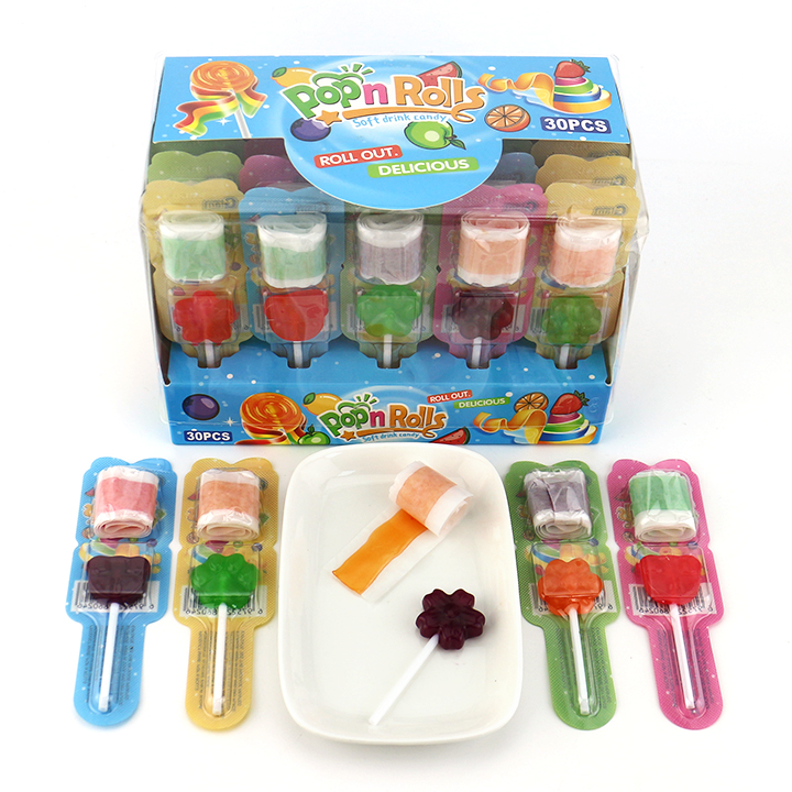 Halal mini lollipop pop with rolls mix fruit flavor gummy roll candy CH-J617
