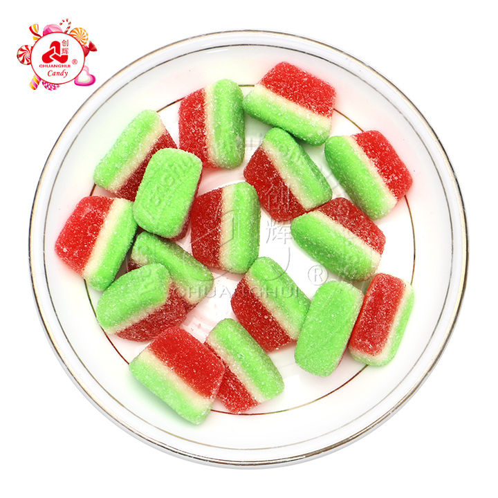 Wholesale cartoon tricolor watermelon slice shaped chewy soft gummy candy in bulk CH-S127
