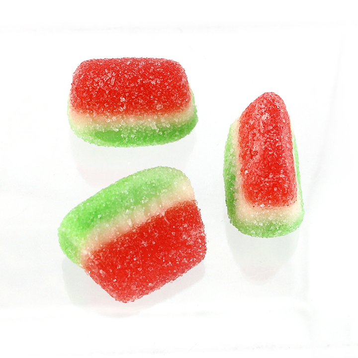 Wholesale cartoon tricolor watermelon slice shaped chewy soft gummy candy in bulk CH-S127