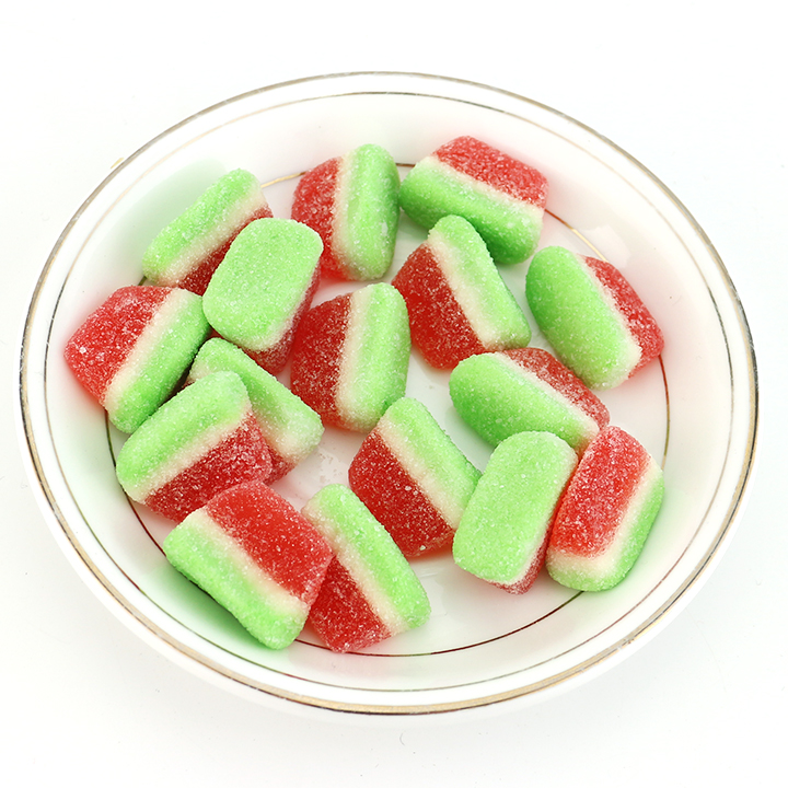 Wholesale cartoon tricolor watermelon slice shaped chewy soft gummy candy in bulk CH-S127