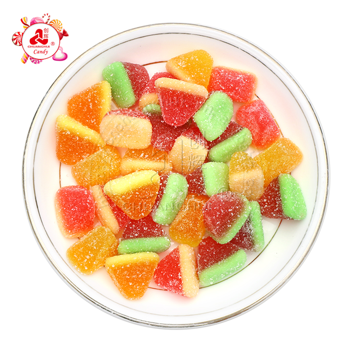 Wholesale cartoon two-color watermelon slice shaped chewy soft gummy candy in bulk CH-S128