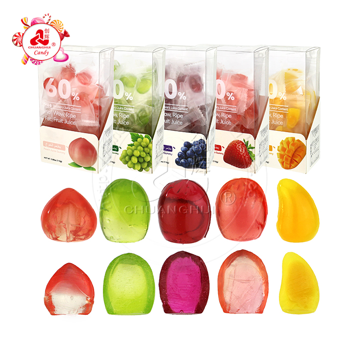 Peeling fruits Fudge Peach, grape, strawberry, mango, orange various shape juices soft gummy candy in box CH-J626