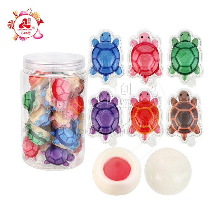 Halal sweets 10g turtle shaped fruit flavor soft gummy candy ball with jam filled CH-J630