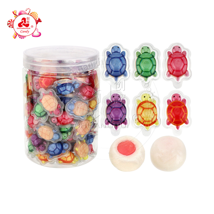 Halal mini 1.8g turtle shaped fruit flavor soft gummy candy ball with jam filled CH-J631
