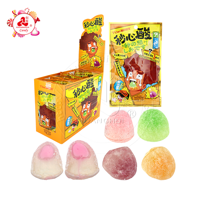 Halal super sour fudge fruit flavored chewable soft gummy candy with jam filling CH-J632