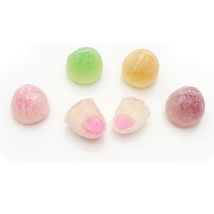 Halal super sour fudge fruit flavored chewable soft gummy candy with jam filling CH-J632
