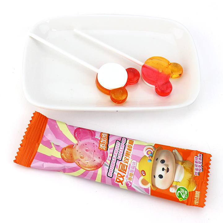 2-in-1 two colors double flavor Bear head hard lollipop with pressed candy CH-BP124