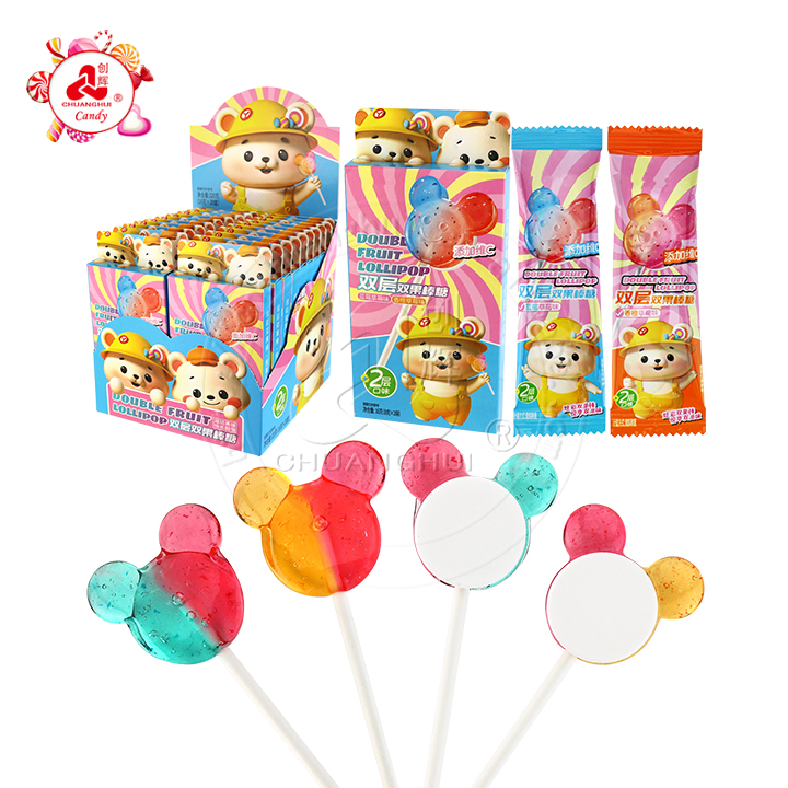 2-in-1 two colors double flavor Bear head hard lollipop with pressed candy CH-BP124